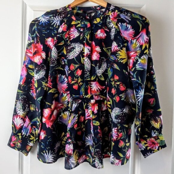 J Crew Black Floral Pleat Front Pure Silk LS Top - Picture 1 of 5